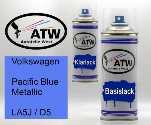 Volkswagen, Pacific Blue Metallic, LA5J / D5: 400ml Sprühdose + 400ml Klarlack - Set, von ATW Autoteile West.